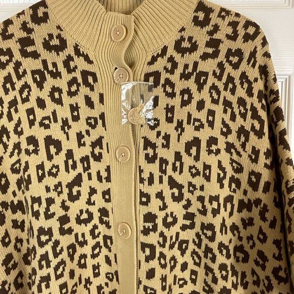 New Denim & Co Women Animal Jacquard Poncho Tan Brown Sz XL Button Front Cape U3 - Picture 6 of 11